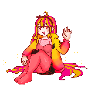 art by @snipPIP_ on twitter. pixel art of aurelia sitting on the ground looking happy